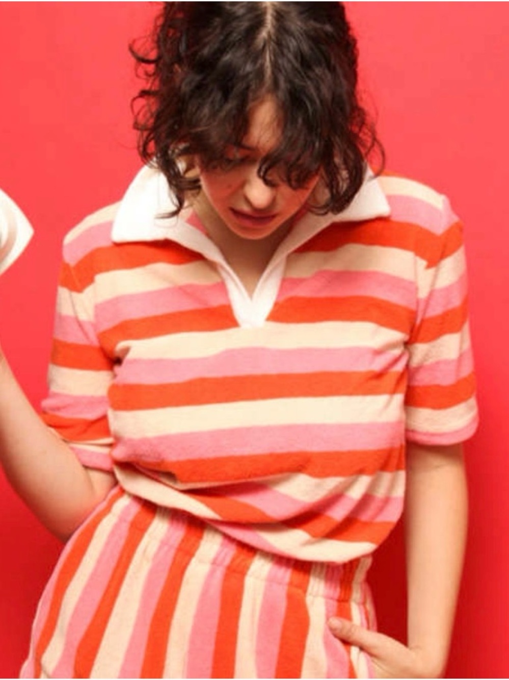 BNWT TROVATA Lani Striped Polo Pink Coral & Cream Terry $260 - Picture 2 of 6